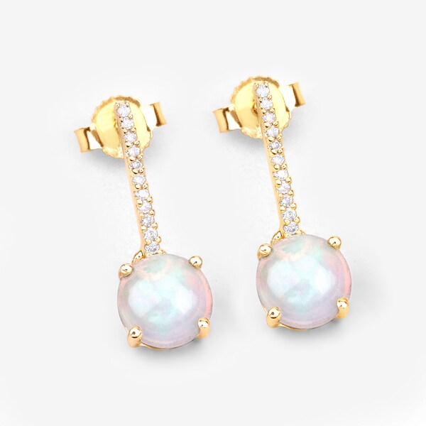 Opal, Ethiopian Opal Earrings, Natural Ethiopian Opal Round and Diamond Earrings in 14k Yellow Gold, October Birthstone, Jewelry Gift