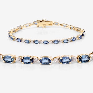 14k Gold Sapphire Bracelet, Genuine Blue Sapphire Ovals and Diamond Gold Bracelet for Women, 14k Solid Yellow Gold Sapphire Tennis Bracelet