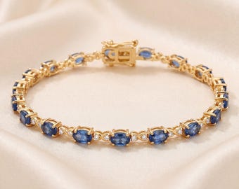 14k Gold Sapphire Bracelet, Genuine Blue Sapphire Ovals and Diamond Gold Bracelet for Women, 14k Solid Yellow Gold Sapphire Tennis Bracelet