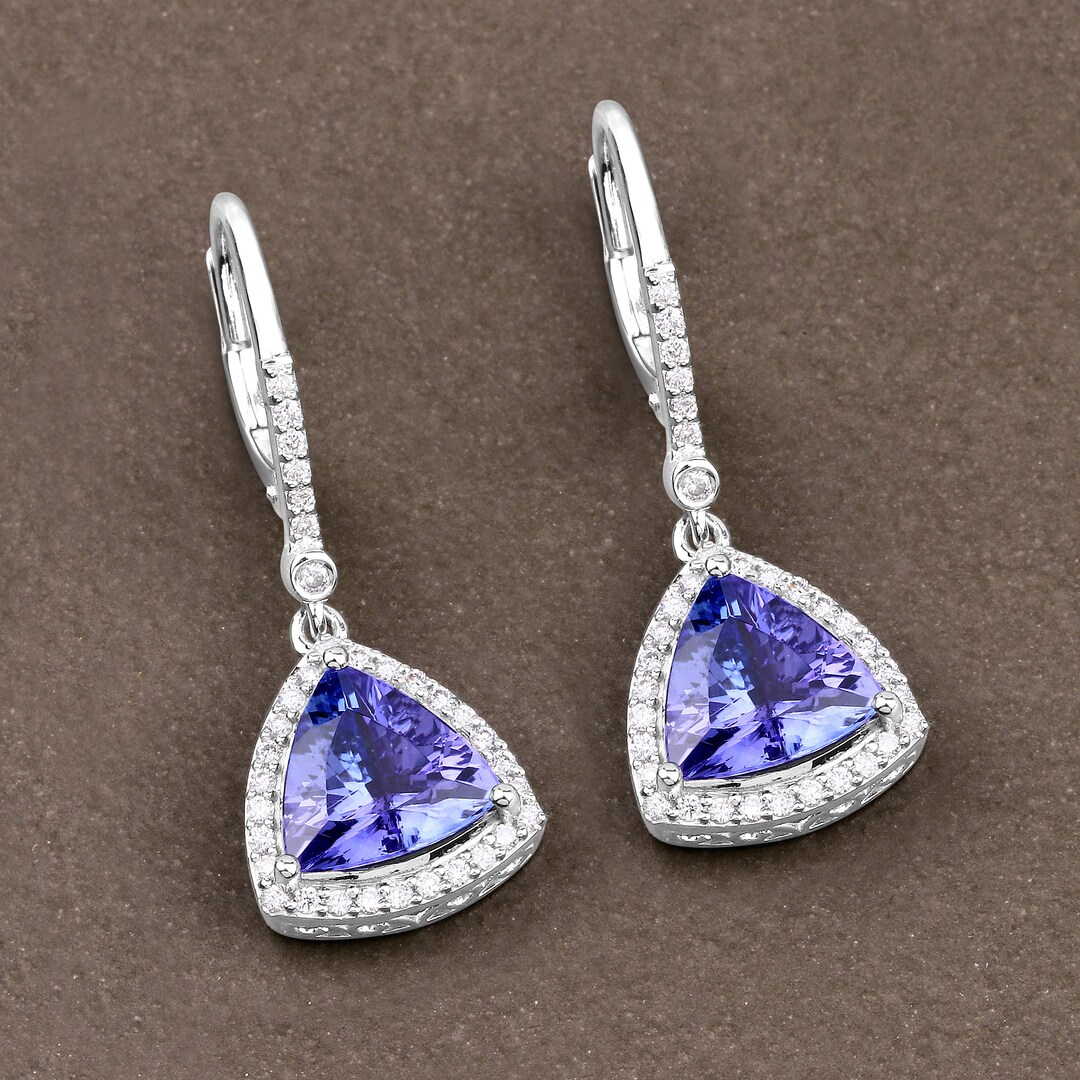 14K White Gold Tanzanite Earrings, Genuine Tanzanite Trillioncut and