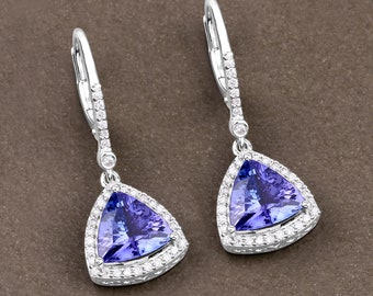 14K White Gold Tanzanite Earrings, Genuine Tanzanite Trillion-Cut and Diamond Drop Earrings, December Birthstone, Bridal Wedding Earrings