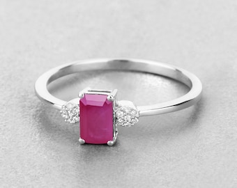 14K Gold Ruby Ring, Natural Ruby and Diamond White Gold Ring, Minimalist Ring, Dainty Ruby Gold Ring, July Birthstone, Engagement Ring