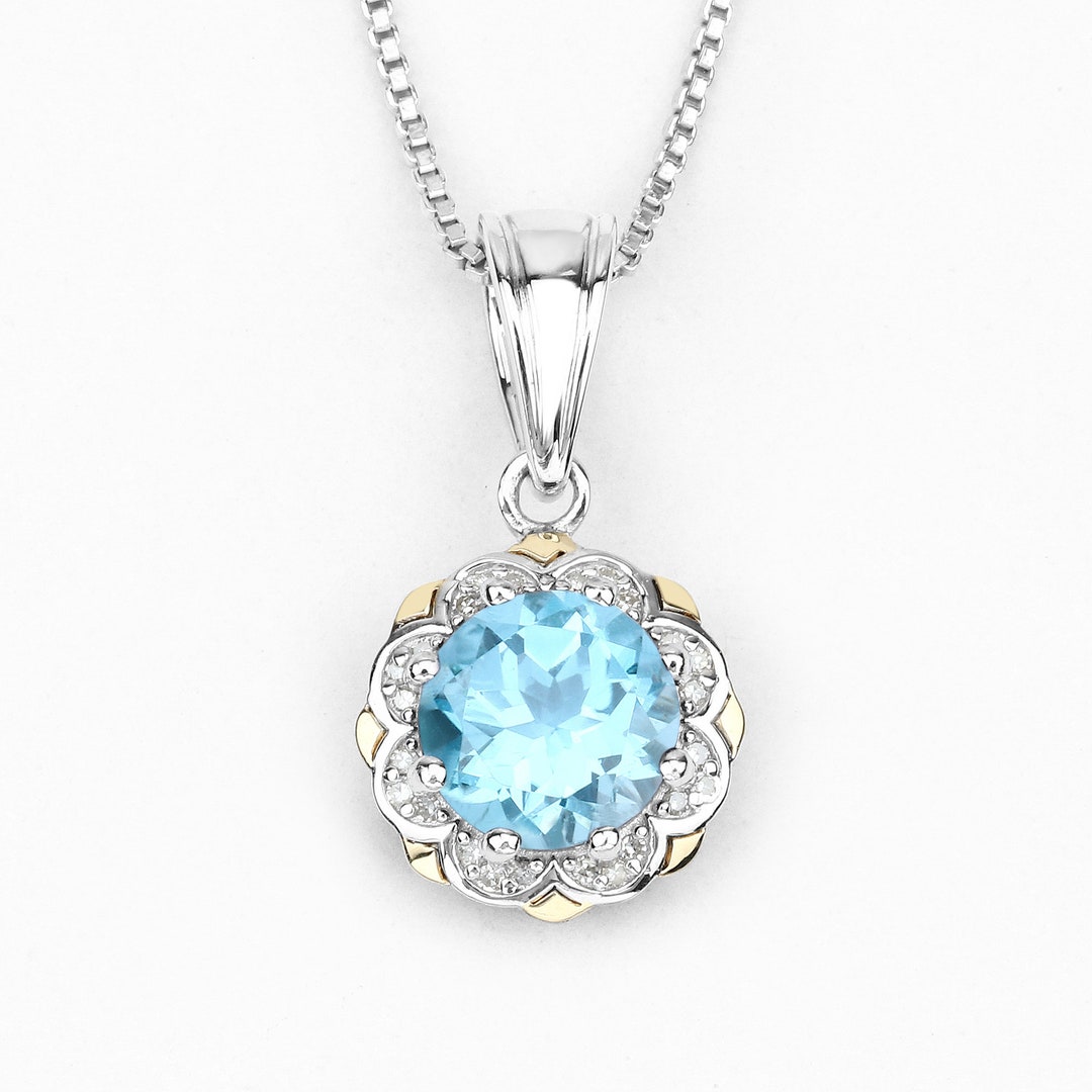 Swiss Blue Topaz Pendant, Natural Swiss Blue Topaz Round and White ...