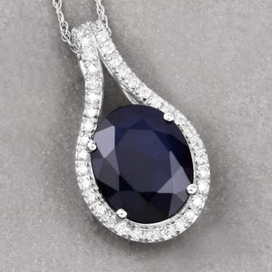 Natural Blue Sapphire and White Diamond 14K White Gold Slide Pendant, Blue Sapphire Gold Pendant, September Birthstone, Anniversary Gift