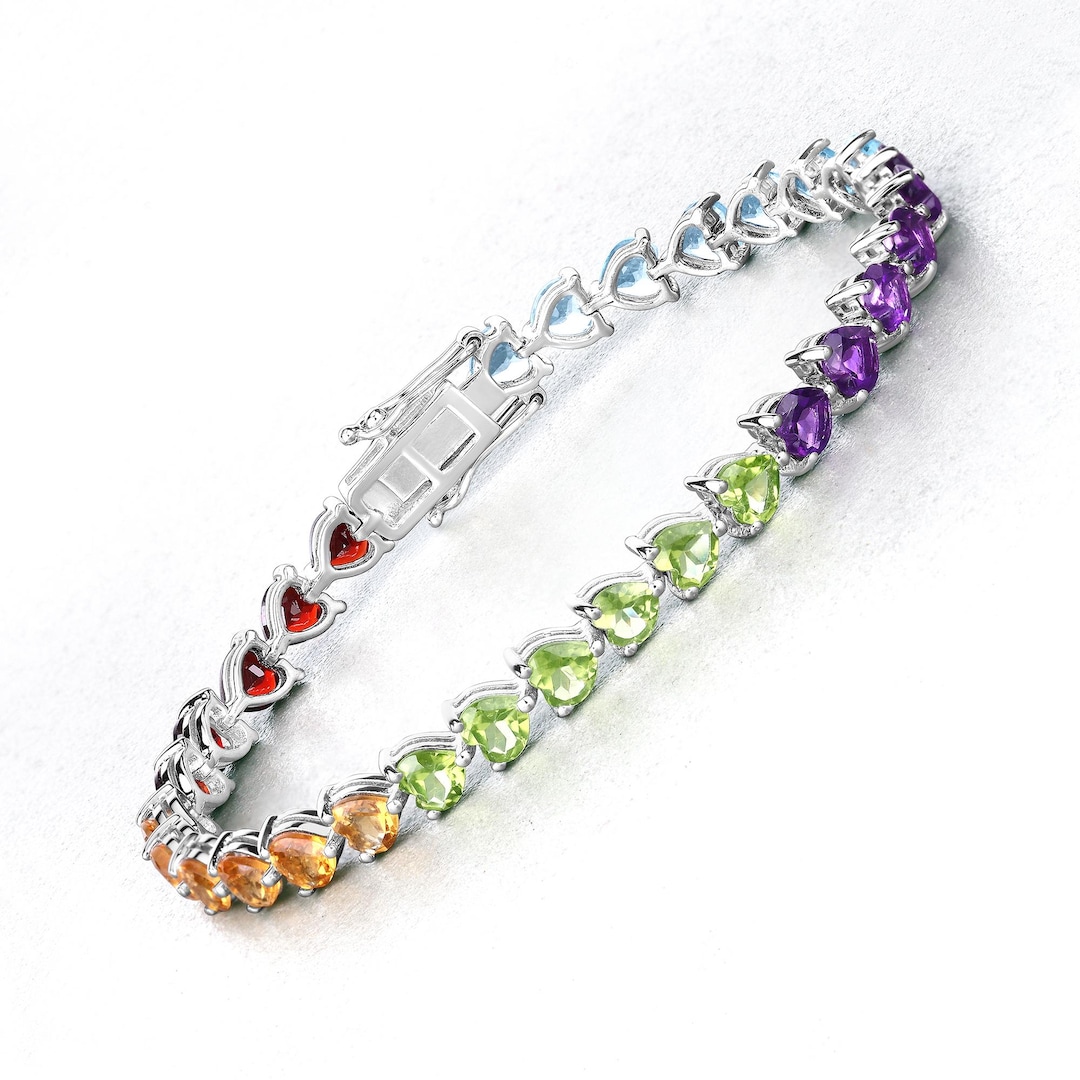 Multi Stone Bracelet, Natural Multi Color Gemstone Hearts Tennis