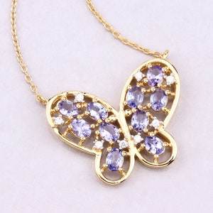 Tanzanite Pendant, Genuine Tanzanite 14K Yellow Gold Sterling Silver Butterfly Pendant Necklace for Women, Tanzanite Butterfly Pendant Gift