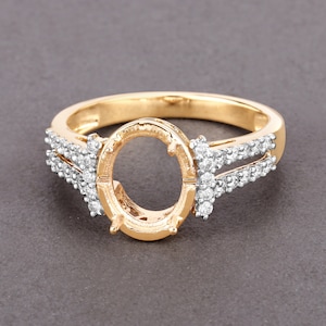 14k Gold Semi Mount Ring with Natural Diamonds, Customizable Yellow Gold Ring Semi-Mount, 14k Diamond Semi-Mount - holds 9x7mm Oval Stone
