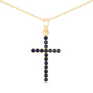 Blue Sapphire Cross Pendant, 14K Yellow Gold Blue Sapphire Solid Yellow Gold Pendant Necklace, September Birthstone Gift, Gift for Baptism