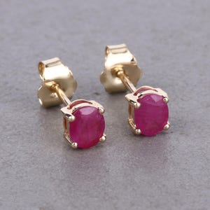 Ruby Studs, 14k Yellow Gold Natural Pink Ruby Oval Cut Studs, Dainty Earrings, July Birthstone, Anniversary Gift, Gift For Her