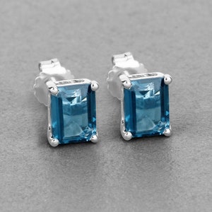 London Blue Topaz Earrings, Emerald Cut London Blue Topaz Silver Stud Earrings, December Birthstone Gift, Anniversary Gift, Bridesmaid Gift