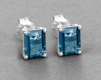 London Blue Topaz Earrings, Emerald Cut London Blue Topaz Silver Stud Earrings, December Birthstone Gift, Anniversary Gift, Bridesmaid Gift