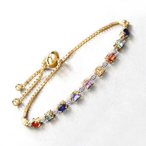 Genuine Multi Sapphire Oval-Cut Gemstone Dainty Bolo Bracelet with 18 Karat Yellow Gold Plating, September Birthstone, Gift for Her