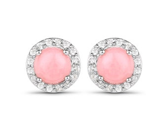 Pink Opal Earrings, Genuine Pink Opal and White Topaz Sterling Silver Earrings, Pink Opal Earrings for Women, October Birthstone Earrings