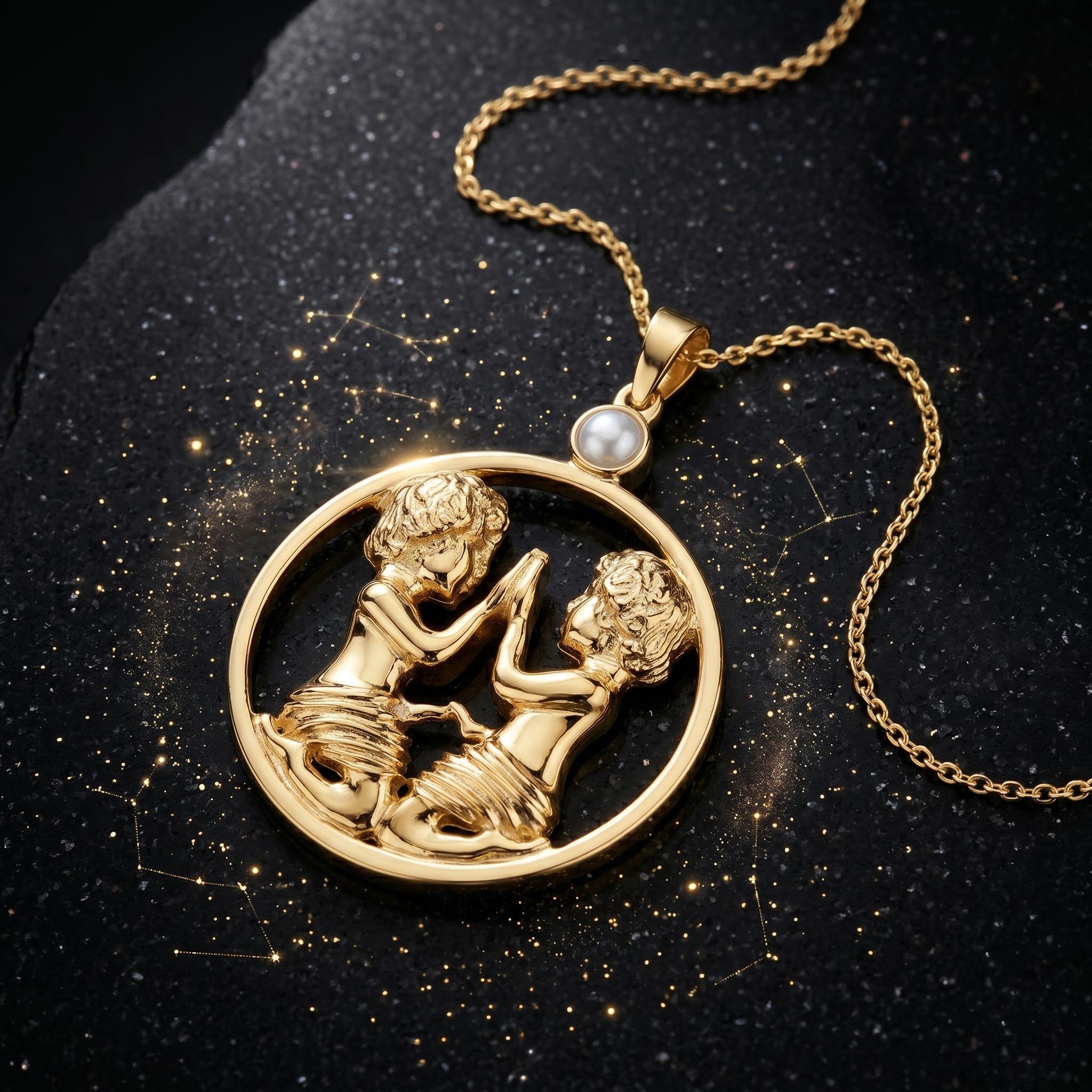 Gemini Twins Pendant, 14k Sterling Silver Yellow Gold Pearl