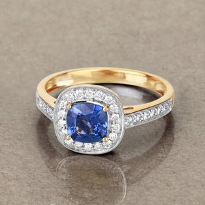 18K Gold Blue Sapphire Ring, Genuine Blue Sapphire Cushion-Cut and Diamond Yellow Gold Ring, Sapphire Engagement Ring, September Birthstone