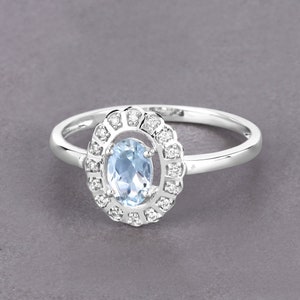 14K Gold Aquamarine Ring, Natural Aquamarine Oval and Diamond White Gold Ring, Minimalist Ring, March Birthstone, Dainty Aquamarine Ring