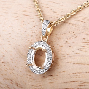 14k Gold Semi Mount Pendant with Natural Diamonds, Customizable Gold Pendant Semi-Mount, 14k Diamond Semi-Mount - holds 8x6mm Oval Stone