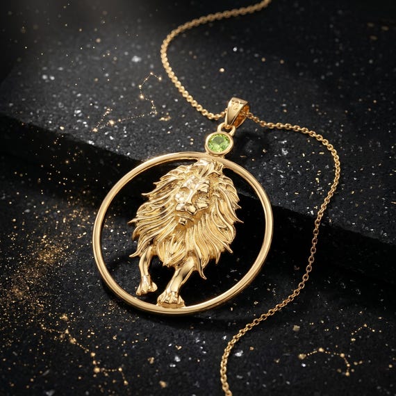 Leo Lion Pendant, 14k Sterling Silver Yellow Gold Genuine Peridot 