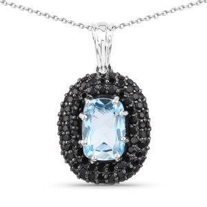 Blue Topaz Pendant, Natural Blue Topaz and Black Spinel Pendant Necklace, Sterling Silver Statement Pendant, December Birthstone