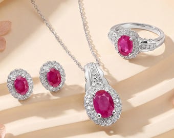 Genuine Ruby Jewelry Set Oval Ring Earrings Pendant | 925 Sterling Silver July Birthstone Gift for Her | Ruby and White Topaz Set