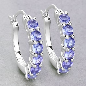 Tanzanite Earrings, Genuine Tanzanite Sterling Silver Earrings, December Birthstone Earrings, Hinged Hoop Earrings, Violet Earrings