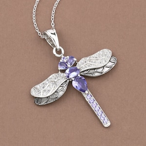 Tanzanite Pendant, Genuine Tanzanite Dragonfly Sterling Silver Pendant Necklace for Women, December Birthstone Pendant, Dragonfly Pendant