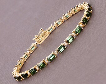 14K Yellow Gold Green Tourmaline Bracelet, Genuine Green Tourmaline and Diamond Solid Gold Tennis Bracelet, October Birthstone, Wedding Gift