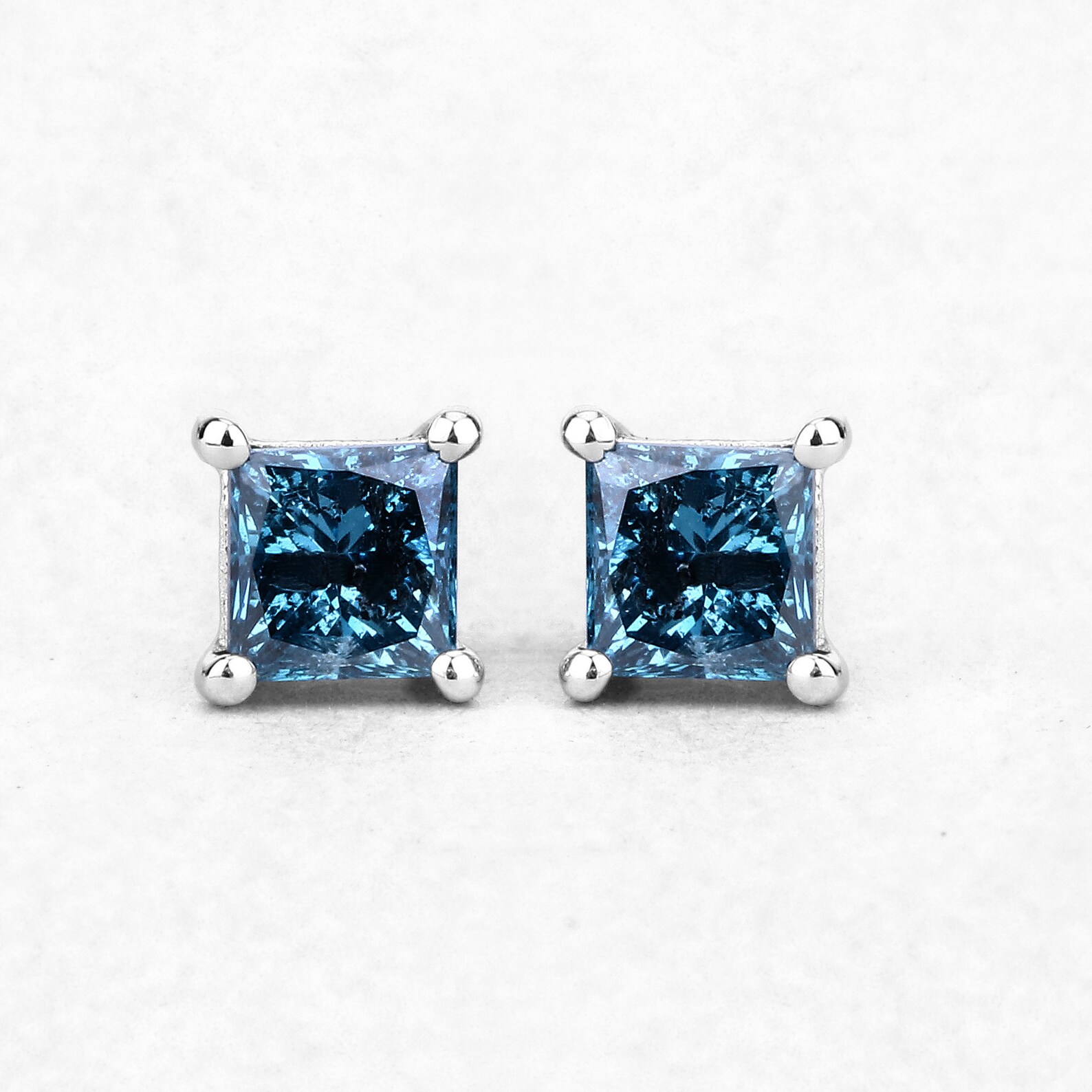 Blue Diamond Earrings 14k Solid White Gold Princess-cut Blue | Etsy