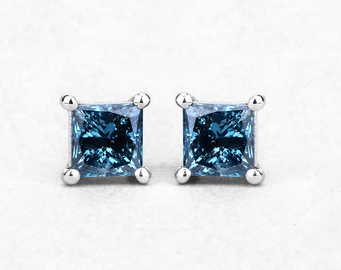 Blue Diamond Earrings, 14k Solid White Gold Princesscut Blue Diamond