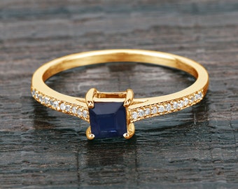 14K Gold Blue Sapphire Ring, Natural Blue Sapphire and Diamond Ring, Blue Gemstone Ring, Blue Sapphire Yellow Gold Ring, Minimalist Ring