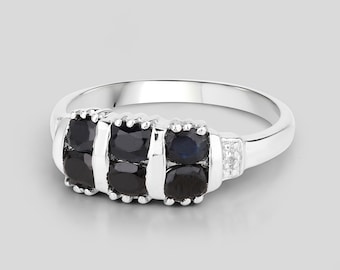 Anillo de zafiro negro, anillo de plata de ley con doble hilera de zafiros negros naturales, anillo de piedra natal de septiembre, regalo para ella.