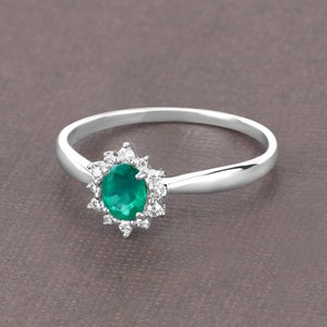 Emerald Ring, 14k White Gold Halo Ring with Emerald and Diamonds, Genuine Natural Emerald Ring, May Birthstone, Minimalist Gold Ring