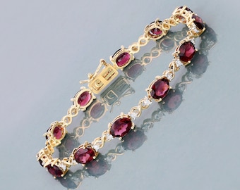 14K Yellow Gold Pink Tourmaline Bracelet, Genuine Pink Tourmaline and Diamond Solid Gold Tennis Bracelet, October Birthstone Bracelet Gift