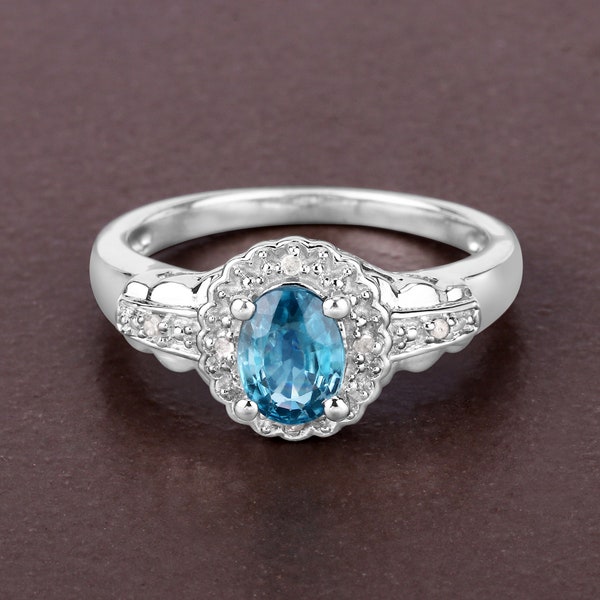 Blue Zircon Ring, Blue Zircon Silver Ring, Natural Blue Zircon Oval Cocktail Ring, Zircon Silver Ring