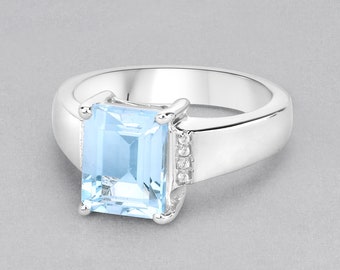 Blue Topaz Ring, Emerald-Cut Sky Blue Topaz Cocktail Ring, Sky Blue Topaz Silver Ring, December Birthstone Ring