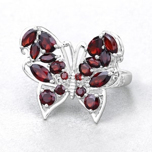Garnet Ring, Genuine Garnet Sterling Silver Butterfly Ring for Women, Real Garnet Butterfly Ring, January Birthstone Ring