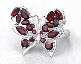 Garnet Ring, Genuine Garnet Sterling Silver Butterfly Ring for Women, Real Garnet Butterfly Ring, January Birthstone Ring