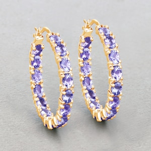 Tanzanite Earrings, Genuine Tanzanite Hoop Silver Earrings for Women, Natural Gemstone Yellow Gold Plated Earrings, Bridesmaid Gift for Her