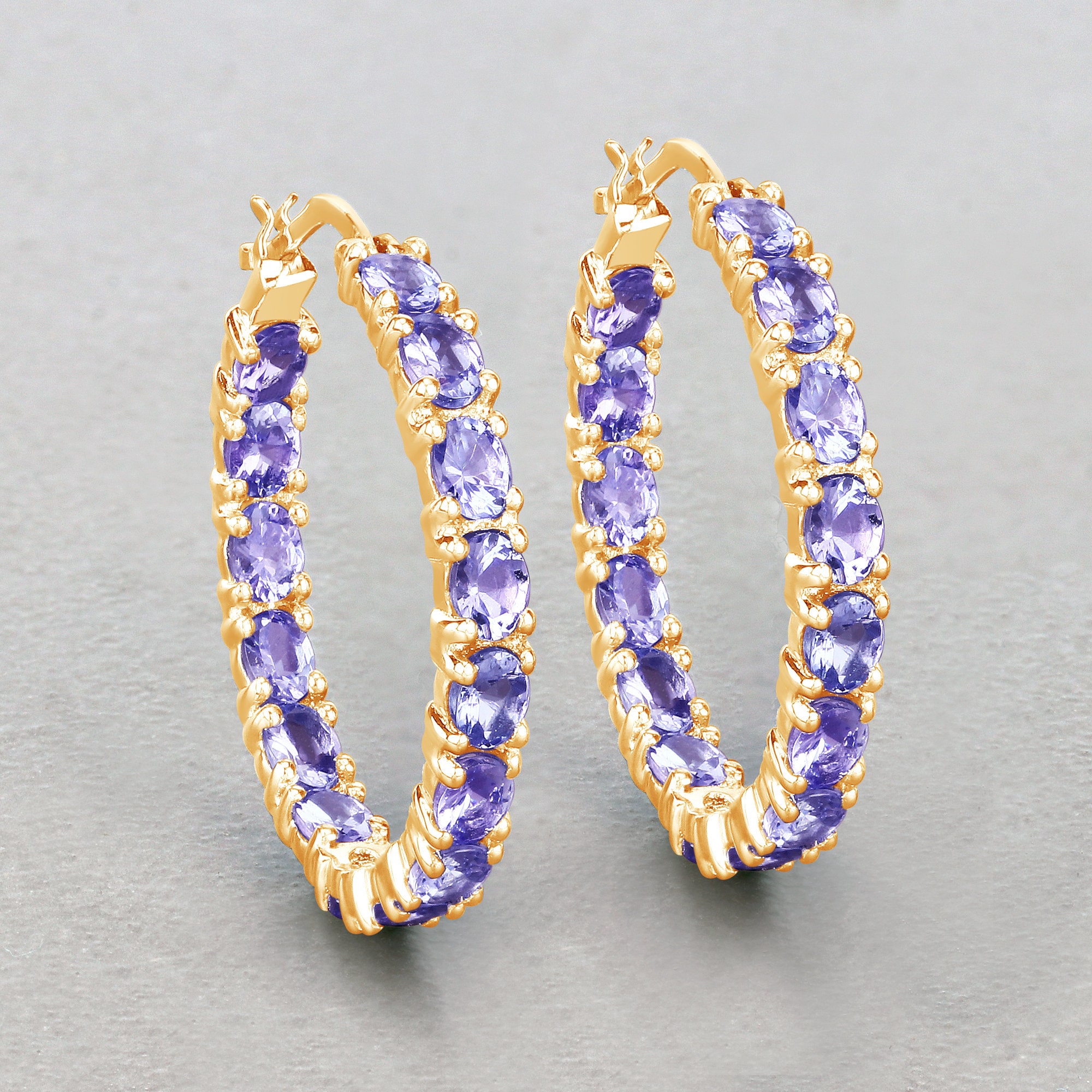 Tanzanite Earrings, Genuine Tanzanite Hoop Silver Earrings for Women, Natural Gemstone Yellow Gold Plated Earrings, Bridesmaid Gift for Her