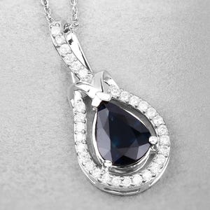 14K Solid White Gold Genuine Blue Sapphire and White Diamond Knot Pendant, Sapphire Teardrop Pendant, September Birthstone, Bridesmaid Gift