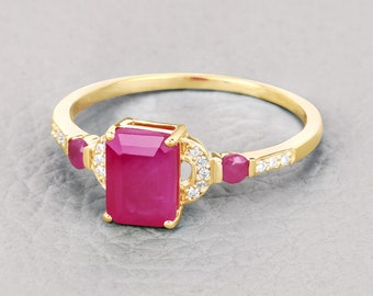 14K Gold Ruby Ring, Natural Ruby and Diamond Yellow Gold Ring, Minimalist Ring, Dainty Ruby Gold Ring, July Birthstone, Engagement Ring