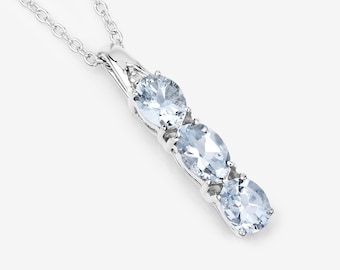 Aquamarine Pendant, Natural 3-Stone Aquamarine Silver Pendant Necklace for Women, March Birthstone Pendant Necklace, Bridesmaid Gift