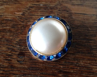 Vintage PIN BLUE RHINESTONES Circling Pearl Faux Art Deco 40's