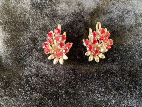 VINTAGE Red Rhinestone EARRINGS Art Deco 40's Cli… - image 4