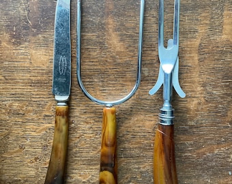 VINTAGE BAKELITE HANDLED Carving Fork Meat Fork Serrated Knife 40's