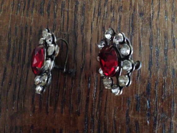 Vintage EARRINGS RHINESTONES Red and Clear40's - image 5