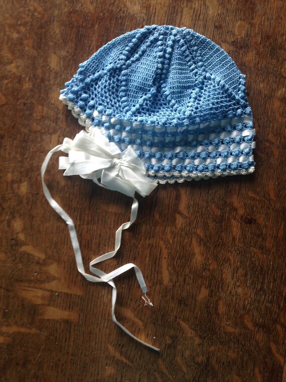 VINTAGE INFANT HAT Crocheted Blue Hat with White R