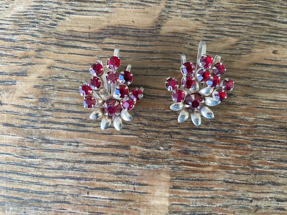 VINTAGE Red Rhinestone EARRINGS Art Deco 40's Cli… - image 1