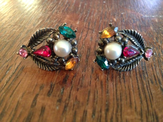 Vintage EARRINGS Rhinestones 40's ART DECO Screw … - image 1