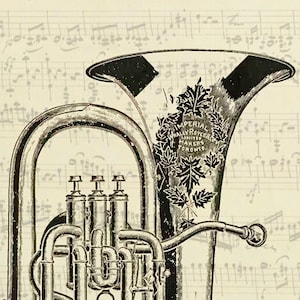 Band Instrument 4 Valve Tuba Drawing. Vintage Musical Instrument Wall Art. Looks Great Framed Or As-Is Wall Decoration.